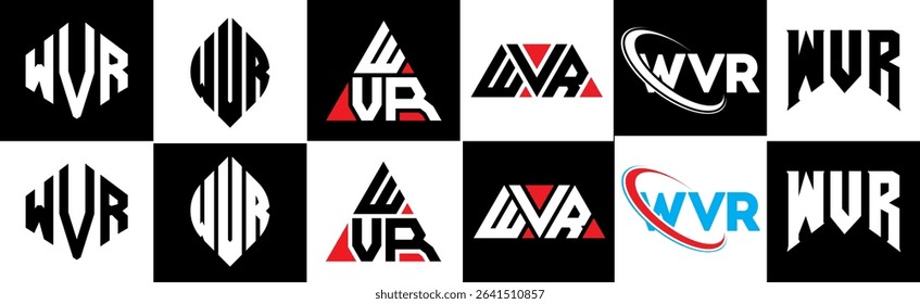 WVR letter logo design in six style. WVR polygon, circle, triangle, hexagon, flat and simple style with black and white color variation letter logo set in one artboard. WVR minimalist and classic logo