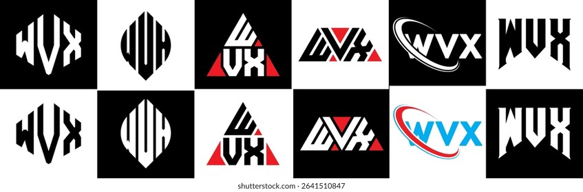 WVX letter logo design in six style. WVX polygon, circle, triangle, hexagon, flat and simple style with black and white color variation letter logo set in one artboard. WVX minimalist and classic logo