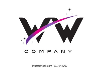 WW Black Letter Logo Design with Purple Magenta Swoosh and Stars.