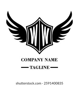 WW bold shield logo with wings, customizable with letters A to Z. Perfect for brands seeking a powerful symbol of strength, freedom, and ambition