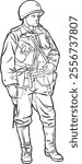 WW II  Soldier Illustration in Military Uniform line