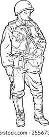 WW II  Soldier Illustration in Military Uniform line