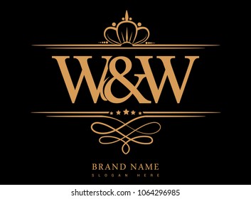 W&W Initial logo, Ampersand initial logo gold with crown and classic pattern