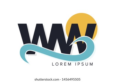 WW letter logo with ocean waves and sunset. Beach concept design