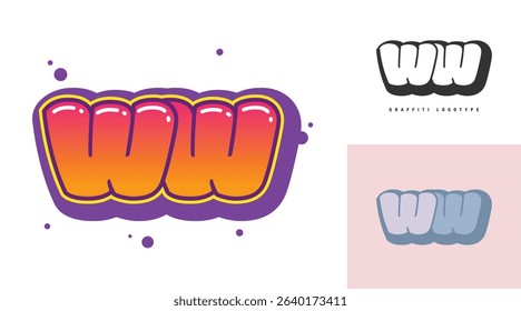 WW logo design for festival or party. Initial letter w and w in graffiti style. Creative modern lettering company name of font typography. Kids trendy logotype or identity. Vector illustration.