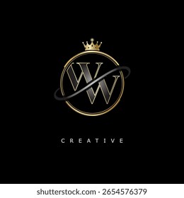 Diseño de lujo del logotipo del monograma de WW con la corona de oro sobre fondo negro