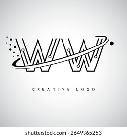 WW Orbit Monogram Logo – Futuristic Minimal Letter mark with Circular Line Art, Tech-Inspired Dots and Space Motion Concept for Modern Branding Identity
