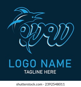 WW shark logo design vector. Cartoon shark mascot on navy background. 
Shark esport mascot logo design. Editable letter shark logo design for company