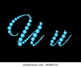 Ww in stunning Aquamarine Script precious round jewels, isolated on black. Vector EPS-10 file, transparency used. 