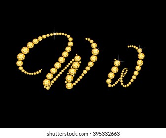 Ww in stunning Citrine Script precious round jewels, isolated on black. Vector EPS-10 file, transparency used. 