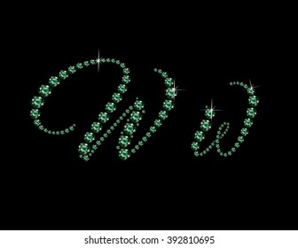Ww in stunning Emerald Script precious round jewels, isolated on black. Vector EPS-10 file, transparency used. 