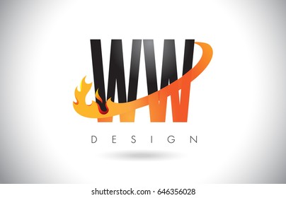 WW W Letter Logo Design with Fire Flames and Orange Swoosh Vector Illustration.