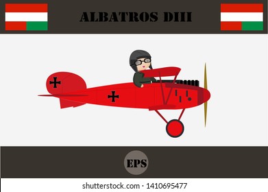 WW1 Austria-Hungary Cartoon Pilot Vector Illustration, Combat Aircraft Design.