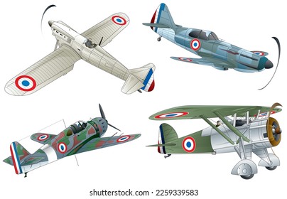 WW2 4 types of French single propeller monoplane fighter illustration set.