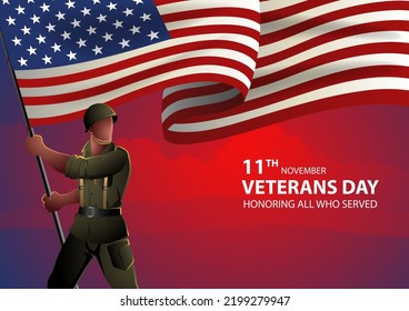 Soldado norteamericano de la Segunda Guerra Mundial sostiene la bandera de Estados Unidos, Día de la Independencia, Día de los Veteranos, ilustración vectorial