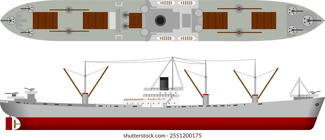 Buque de carga de la Segunda Guerra Mundial. Perfil lateral y superior de un buque de carga producido en masa de la segunda guerra mundial. Ilustración vectorial aislada.