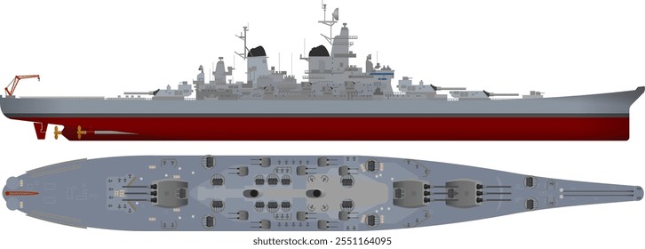 Acorazado de la Segunda Guerra Mundial. Perfil lateral y superior de un barco de batalla del estilo encontrado en Pearl Harbor. Ilustración vectorial aislada detallada.