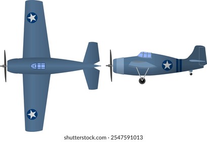 WW2 Fighter Airplane. Side and top view. In the style of a Wildcat plane.