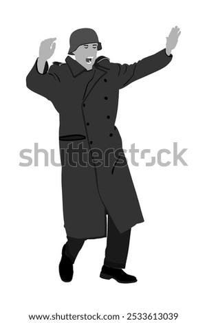 WW2 German soldier surrender with raised hands in height vector illustration. Occupier officer in battle defeated soldiers surrendering. Warrior arrest in occupied Europe. Second World War battlefield