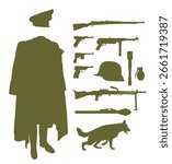 WW2 Germany officer uniform vector silhouette illustration isolated. Military clothes overcoat hat, boots. High ranked soldier symbol. Battle commander war clothing shape. Weapon rifle, gun, bomb, dog