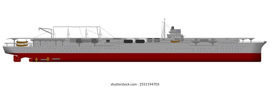 WW2 Japanese Aircraft Carrier. Side profile of a world war two era aircraft carrier similar in style to those used be the Imperial Japanese Navy. Isolated vector illustration.