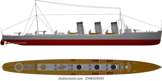 Patrullero de la Segunda Guerra Mundial. Perfil lateral y superior de una lancha patrullera a motor de la década de 1930. Ilustración vectorial aislada.