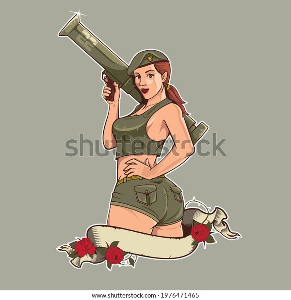 Ww2 Pin Girl Big Gun Lover Stock Vector Royalty Free 1976471465