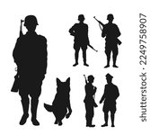 WW2 soldier black silhouette. Germanic officer and warriors with riffle. Isolated prison guard and dog. 1940s infantry person. World War 2 scene. Vector illustration  