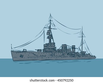 WW2 Soviet battle cruiser. Hand drawn vector illustration.