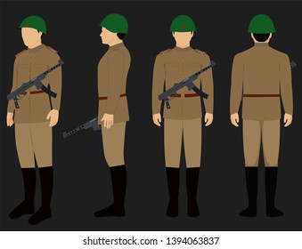 WW2 Soviet Union Army Uniform With Helmet And Submachine Gun Isolated Vector.