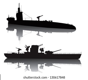 WW2 Submarine And Military Ship Vector Silhouette With Reflection