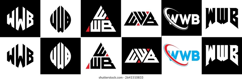WWB letter logo design in six style. WWB polygon, circle, triangle, hexagon, flat and simple style with black and white color variation letter logo set in one artboard. WWB minimalist and classic logo