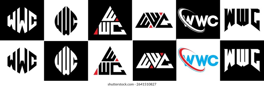 WWC letter logo design in six style. WWC polygon, circle, triangle, hexagon, flat and simple style with black and white color variation letter logo set in one artboard. WWC minimalist and classic logo