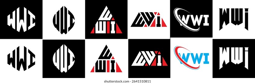 WWI letter logo design in six style. WWI polygon, circle, triangle, hexagon, flat and simple style with black and white color variation letter logo set in one artboard. WWI minimalist and classic logo