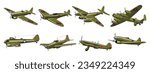 WWII Fighter Planes and Bombers. British and Soviet vintage military airplanes collection. Vector cliparts isolated on white.