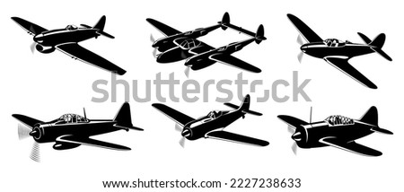 WWII Fighter Planes silhouettes collection isolated on white. Volume 3. Vector cliparts.