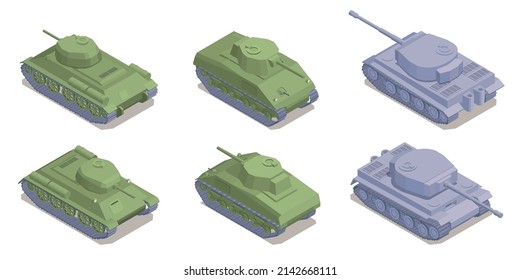 WWII military isometric set with grey and green armored tanks isolated vector illustration