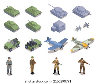 WWII military vehicles equipment and soldiers isometric icons set isolated vector illustration