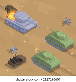 WWII military vehicles isometric composition with tank battle vector illustration