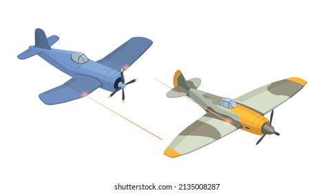 WWII military vehicles isometric set with aircraft fight vector illustration