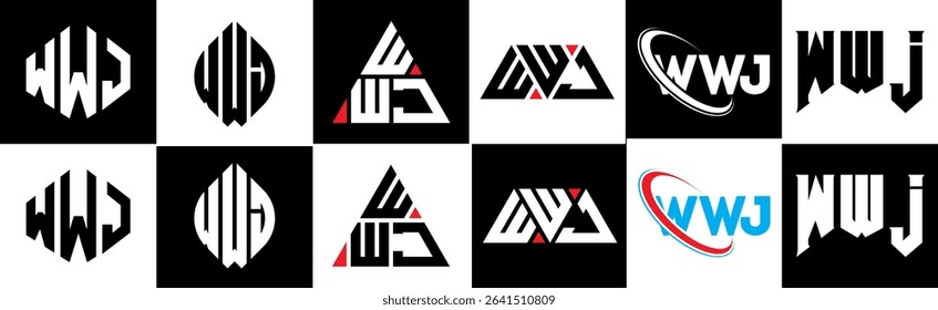 WWJ letter logo design in six style. WWJ polygon, circle, triangle, hexagon, flat and simple style with black and white color variation letter logo set in one artboard. WWJ minimalist and classic logo