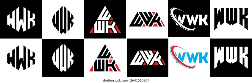WWK letter logo design in six style. WWK polygon, circle, triangle, hexagon, flat and simple style with black and white color variation letter logo set in one artboard. WWK minimalist and classic logo