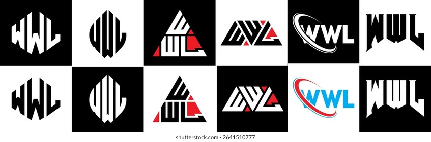 WWL letter logo design in six style. WWL polygon, circle, triangle, hexagon, flat and simple style with black and white color variation letter logo set in one artboard. WWL minimalist and classic logo