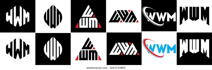 WWM letter logo design in six style. WWM polygon, circle, triangle, hexagon, flat and simple style with black and white color variation letter logo set in one artboard. WWM minimalist and classic logo