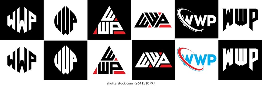 WWP letter logo design in six style. WWP polygon, circle, triangle, hexagon, flat and simple style with black and white color variation letter logo set in one artboard. WWP minimalist and classic logo