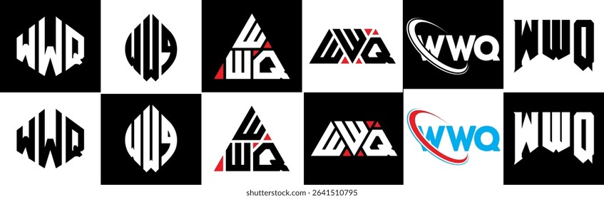 WWQ letter logo design in six style. WWQ polygon, circle, triangle, hexagon, flat and simple style with black and white color variation letter logo set in one artboard. WWQ minimalist and classic logo