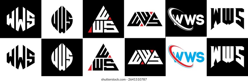 WWS letter logo design in six style. WWS polygon, circle, triangle, hexagon, flat and simple style with black and white color variation letter logo set in one artboard. WWS minimalist and classic logo