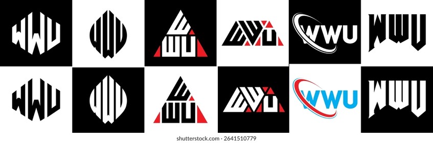 WWU letter logo design in six style. WWU polygon, circle, triangle, hexagon, flat and simple style with black and white color variation letter logo set in one artboard. WWU minimalist and classic logo