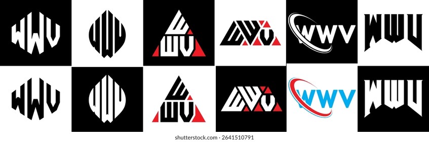 WWV letter logo design in six style. WWV polygon, circle, triangle, hexagon, flat and simple style with black and white color variation letter logo set in one artboard. WWV minimalist and classic logo