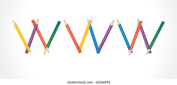 WWW composed of colored pencils on white background